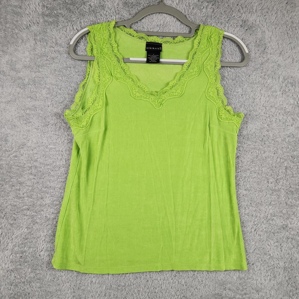 Citiknits Tank Top Womens Small Green Lace Trim Knit Camisole USA Fairycore 90s